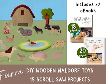 DIY Wooden Farm Waldorf Toys x 15, Scroll Saw Templates + step-by-step woodworking guide.