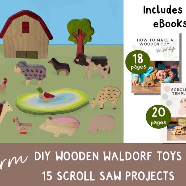 DIY Wooden Farm Waldorf Toys x 15, Scroll Saw Templates + step-by-step woodworking guide.