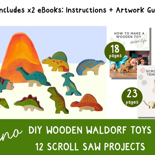 DIY Wooden Dinosaur Waldorf Toys x12, Scroll Saw Templates + step-by-step guide