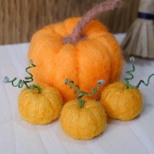 Könnte beinhalten: Ein großer, nadelgefilzter Kürbis in Orange mit braunem Stiel, begleitet von drei kleineren, nadelgefilzten Kürbissen in Gelb. Jeder der kleineren Kürbisse hat eine grüne, spiralförmige Drahtranke an der Oberseite.