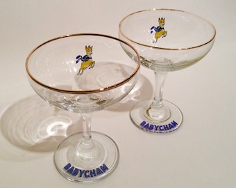 Pair of Babycham glasses, 2 retro Babycham glasses, two champagne glasses, retro cocktail glasses