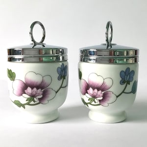 Pair of Royal Worcester porcelain egg coddlers, 2 Worcester Astley egg coddlers, standard size coddlers