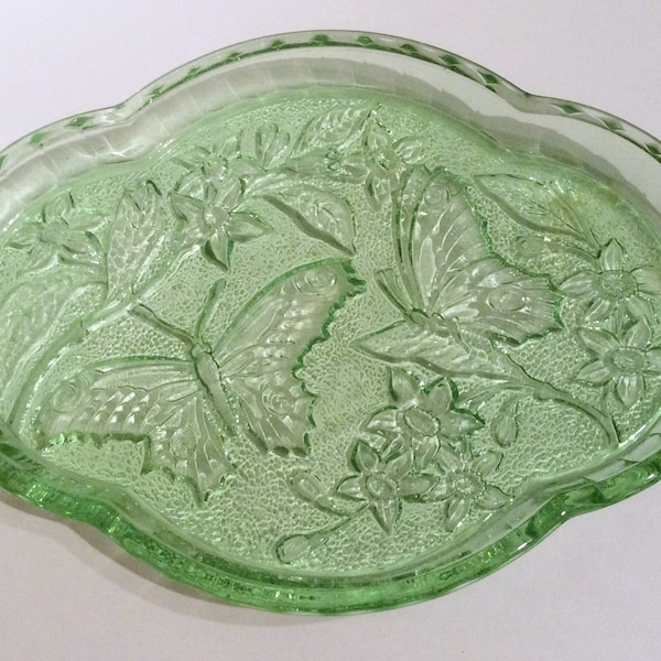 Sowerby butterfly green glass vanity tray, art deco green glass dressing table tray, butterfly glass tray, retro green glass, Sowerby glass