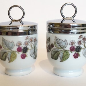 Pair of Royal Worcester porcelain egg coddlers, 2 Worcester Lavinia standard size coddlers, Worcester blackberry, berries porcelain coddlers