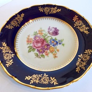 Czech cobalt porcelain plate, gold Czech Epiag plate, Limoges style blue and gold porcelain, pink floral porcelain plate