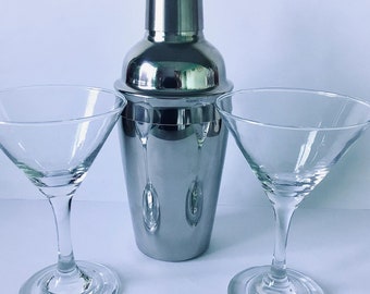 Cocktail shaker and 2 short stemmed glasses, martini maker and two martini glasses, retro stainless steel cocktail shaker and glasses