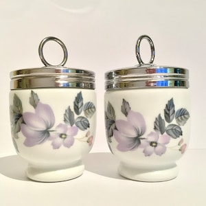 Pair of Royal Worcester anenome egg coddlers, pink white standard egg coddlers, 2 Royal Worcester egg coddler, Royal Worcester porcelain