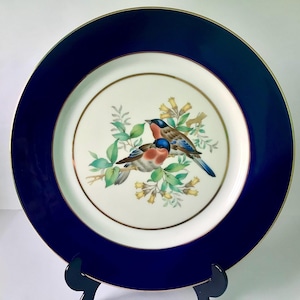 Czech cobalt blue plate, blue birds china plate, blue birds cabinet plate, cobalt blue and gold china plate, 10 inch blue bird plate
