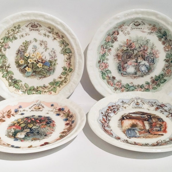 Set of 4 Brambly Hedge Four Seasons coasters, Royal Doulton set of 4 inch Brambly Hedge pin dishes, 4 Brambly Hedge coasters