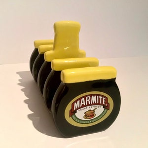 Marmite toast rack, black and yellow toast rack, novelty Marmite toast rack, collectable  toast racks, black and yellow pottery toast rack