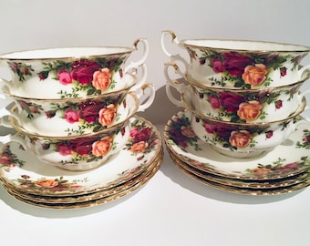 Set of 6 Country Roses Soup Bowls and Saucers, Six Royal Albert 