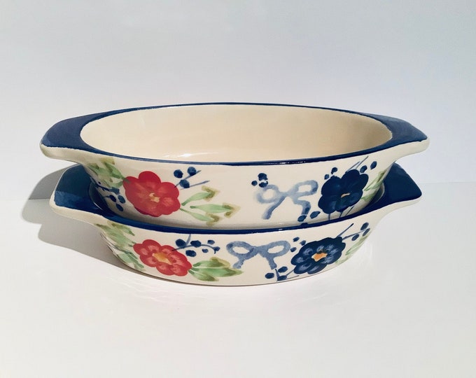 Pair of Blue and White Oval Shaped Pie Dishes, Two Red Yellow Blue