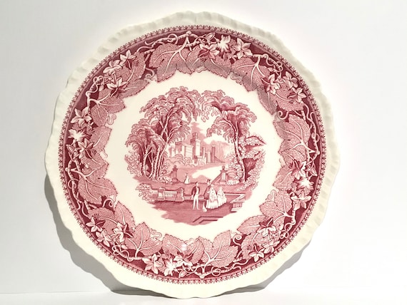 Red and white Ironstone plate, Mason’s Vista Ironstone 10 inch plate, red and white ivy plate, red and white Victorian scene plate