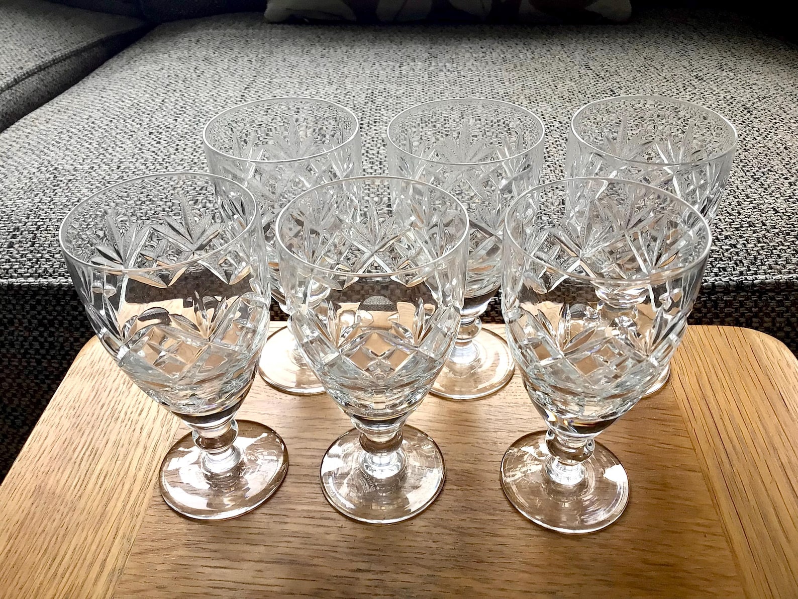 6 crystal sherry glasses, 6 port or madeira glasses, six sherry glasses