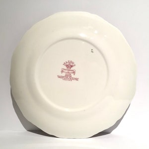 May include: A white ceramic plate with a scalloped edge. The back of the plate has a red and white logo that reads "Mason's Ironstone China Vista Guaranteed Against Defects in Material and Manufacture. Made in England.  Colors Fast."