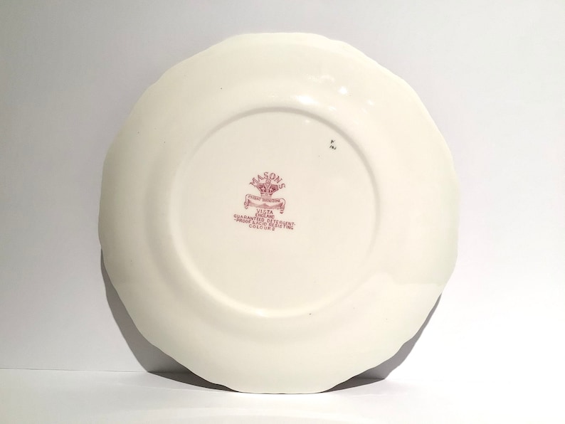 May include: A white ceramic plate with a scalloped edge. The back of the plate has a red and white logo that reads "Mason's Ironstone China Vista Guaranteed Against Defects in Material and Manufacture. Made in England.  Colors Fast."