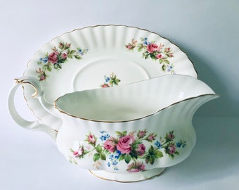 Moss Rose gravy boat and stand,Royal Albert Moss Rose bone china, pink roses sauce boat and plate, pink and gold custard set