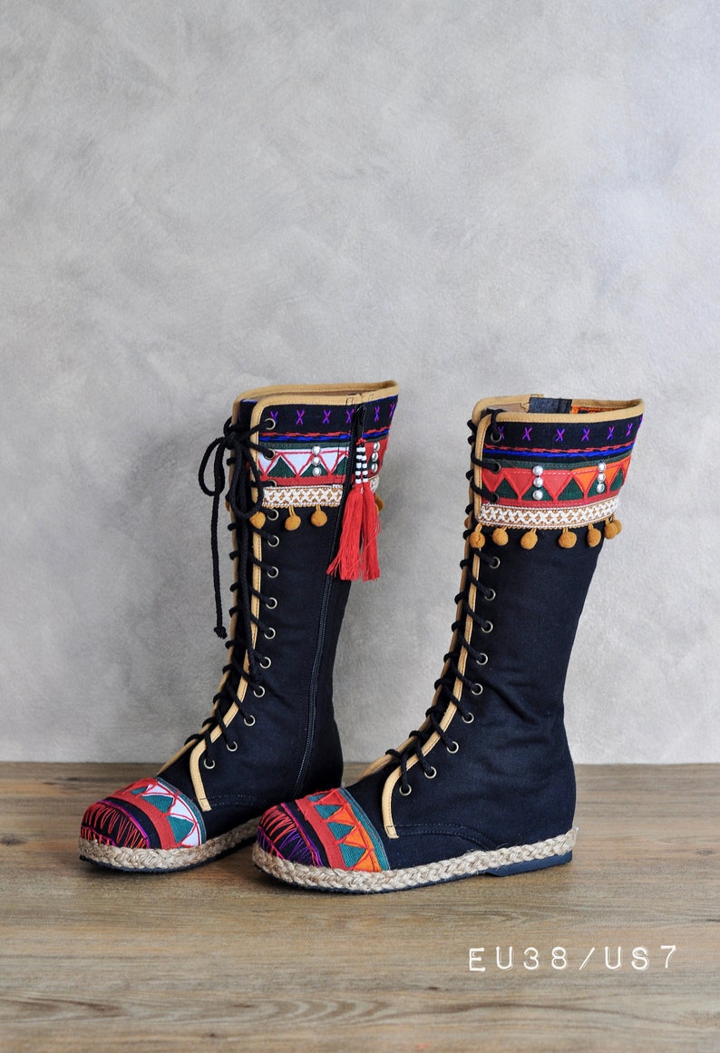 womens boho boots on Womens Boho Boots In Karen Tribal Applique Colorful Pom Etsy