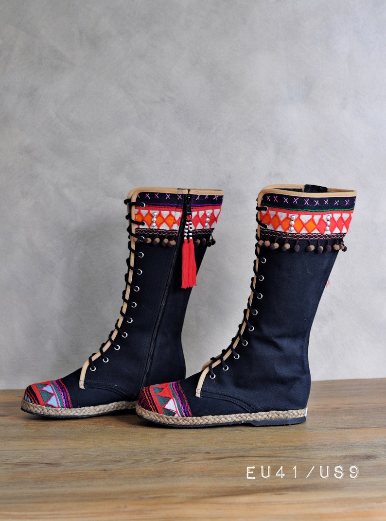 womens boho boots on Womens Boho Boots In Karen Tribal Applique Colorful Pom Etsy