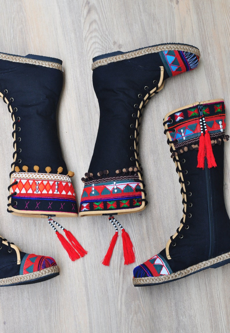 womens boho boots on Womens Boho Boots In Karen Tribal Applique Colorful Pom Etsy