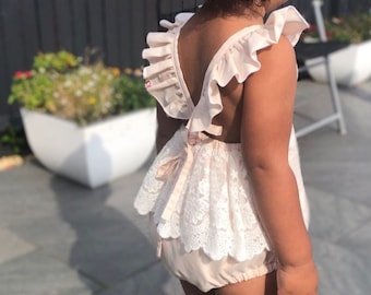 Baby Girl Lace Romper, Ruffle Back Summer Outfit, Toddler Girl Special Occasion Romper, Boho Style Baby Clothing, Handmade