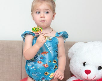 Aqua baby girl romper / Ruffle girl romper / Sunsuit / Bubble Romper / Cotton baby romper / Baby shower gift