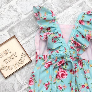 Floral baby girl romper / Ruffle girl romper / Sunsuit / Bubble Romper / Cotton baby romper / Baby shower gift / Blue and pink