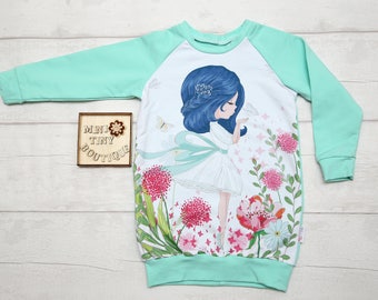 Girls Fairy Sweatshirt Dress, Mint Green Long Sleeve Dress with Fairy Print, Magical Garden Fairy Pullover, Toddler Fairy Jumper