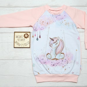 Girls Unicorn Sweatshirt Dress, Pink and White Unicorn Long Sleeve Dress, Cozy Pastel Unicorn Pullover, Kids Unicorn Jumper