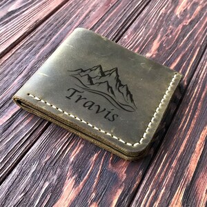 Cartera de hombre personalizada con montañas, cartera de cuero para hombre, regalo de Navidad, regalo para papá, regalo para esposo, regalo de aniversario, regalo personalizado para hombre