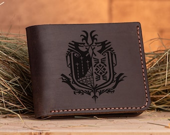 Monster Hunter World Leather Wallet Christmas Gift for Gamer Personalized Mens Wallet MHW Leather Wallet Mens Husband Geek Gift for Men k35