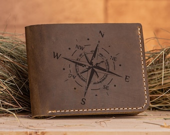 Christmas Gift for Dad Compass Wallet Personalized Mens bifold Wallet Leather Wallet for Men Personalized gift for Husband Gift for Men