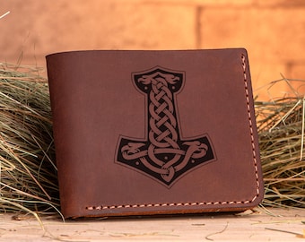 Viking Thor Hammer Wallet Mjolnir Personalized Mens Gift for Him Norse Leather Wallet Nordic Husband Gift Boyfriend Christmas Gift For Dad