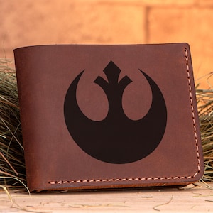 Cartera de la Alianza Rebelde, regalo de Star Wars, cartera personalizada para hombre, cartera de cuero grabada, regalo para esposo, regalo para novio, regalo para él, Star Wars