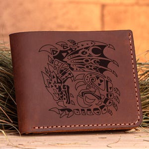 Cartera de cuero de Monster Hunter World de Silver Rathalos, regalo de Navidad para gamer, billetera personalizada para hombre, regalo para esposo, geek, regalo para él s44