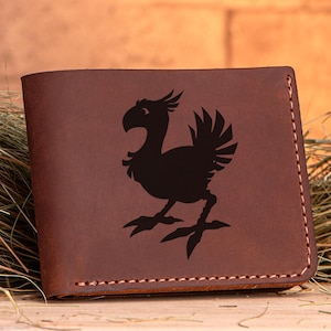 Cartera de cuero Chocobo de Final Fantasy, regalo de Navidad para jugadores, regalos para novios, regalo personalizado para él, billetera plegable, regalo para hombres
