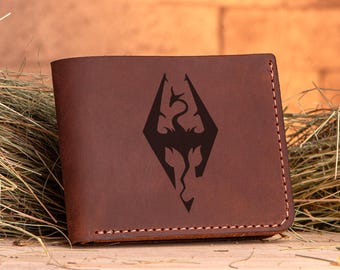 Skyrim Leather Wallet Gift for Gamer Elder Scrolls Personalized Mens Birthday Present Anniversary Christmas Gift for Him Geek Gift for Men