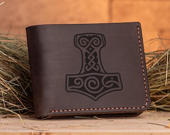Mjolnir Wallet Viking Thor Hammer Personalized Mens Gift for Him Norse Leather Wallet Nordic Husband Gift Boyfriend Christmas Gift For Dad