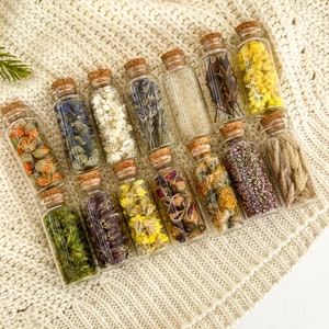 Real dried flowers in glass bottles, wedding favors, Mini bottle with dried Flowers, glass bottles with herb, witchy decor Thank You Gifts