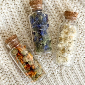 Mini bottle with dried Flowers, Real dried flowers in glass bottles, wedding favors, glass bottles with herb, witchy decor Thank You Gifts