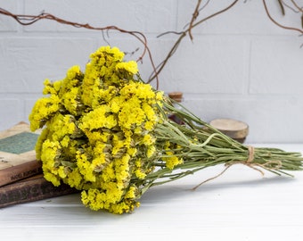 Gele statische, gedroogde bloemboeketten, rustieke stijl, gele statice bos, gele gedroogde bloemen, Sinuata Statice