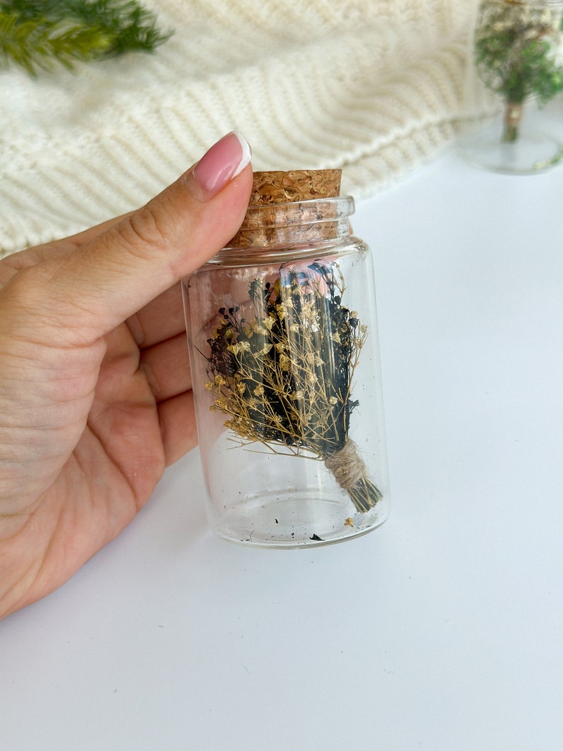 Rustic Wedding Favor Real Dried Flowers in Glass Bottles, Mini Bottle