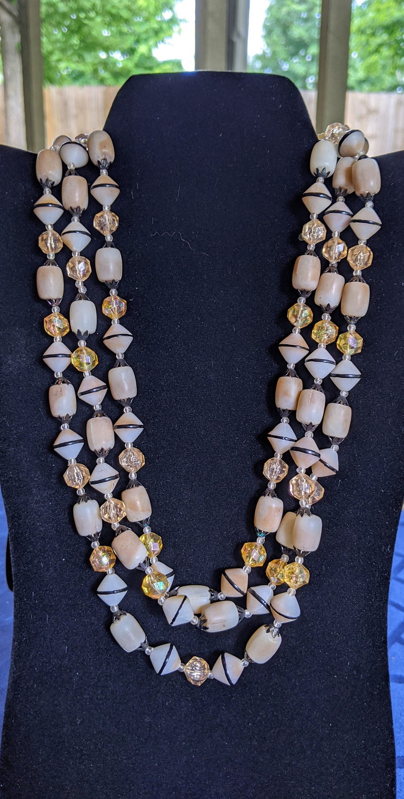 Vintage Three Strand Pink Bakelite and Carnival Bead Necklace Marked Hong Kong 18 inches