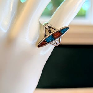 Navajo Old Pawn Vintage Sterling Turquoise and Coral Long Ring,