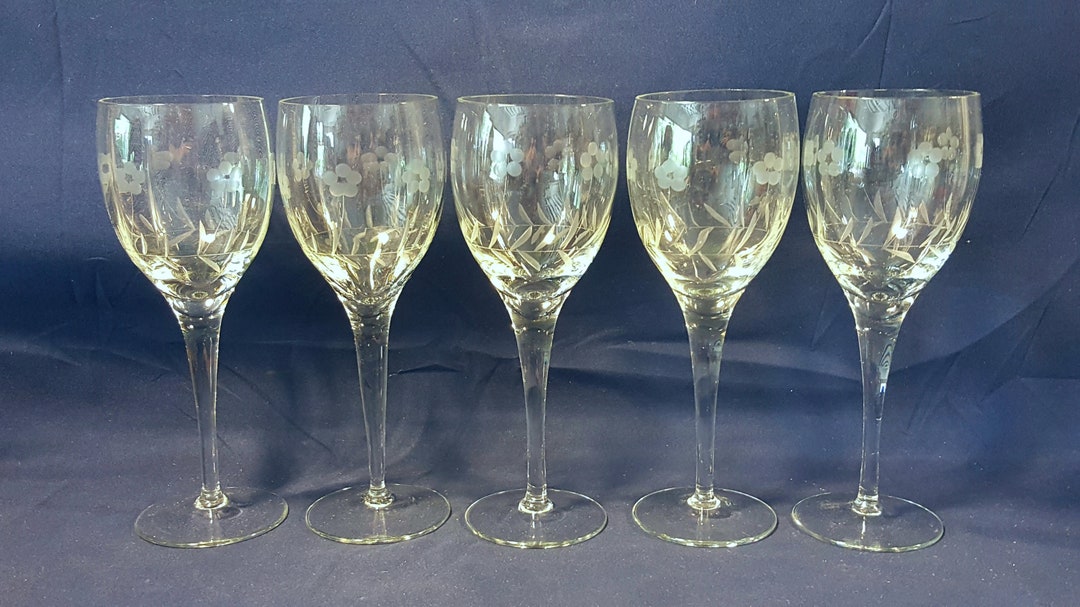 Antique Etched Glass Goblets Set of 5 Etsy