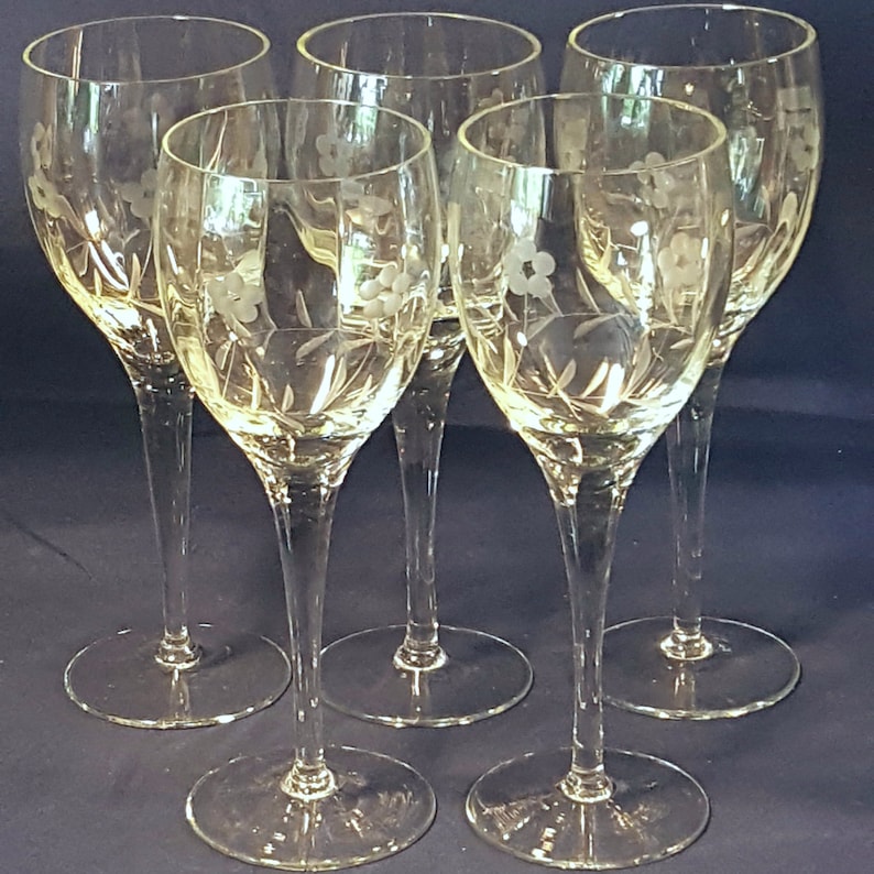 Antique Etched Glass Goblets Set of 5 Etsy