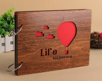 DIY Black 30Pages 22 x 16cm Smooth Wood Wooden Cover 2 Rings Photo Album Wedding Memory Scrapbook Balloon Printing