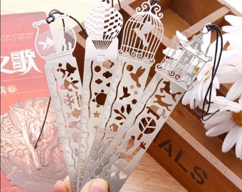 Set of 4 - Bird Cage / Fish Tank / Cirus / Heat Air Balloon 10cm Stainless Steel Metal Ruler / Bookmark / Drawing Stencil Template