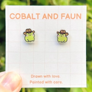 Hand Drawn Cowboy Frog Earrings Studs – Kawaii Western Cute Gift