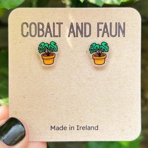 Hand Drawn Monstera Earrings – Potted Plant Studs – Botanical Leaf Jewelry for Her
